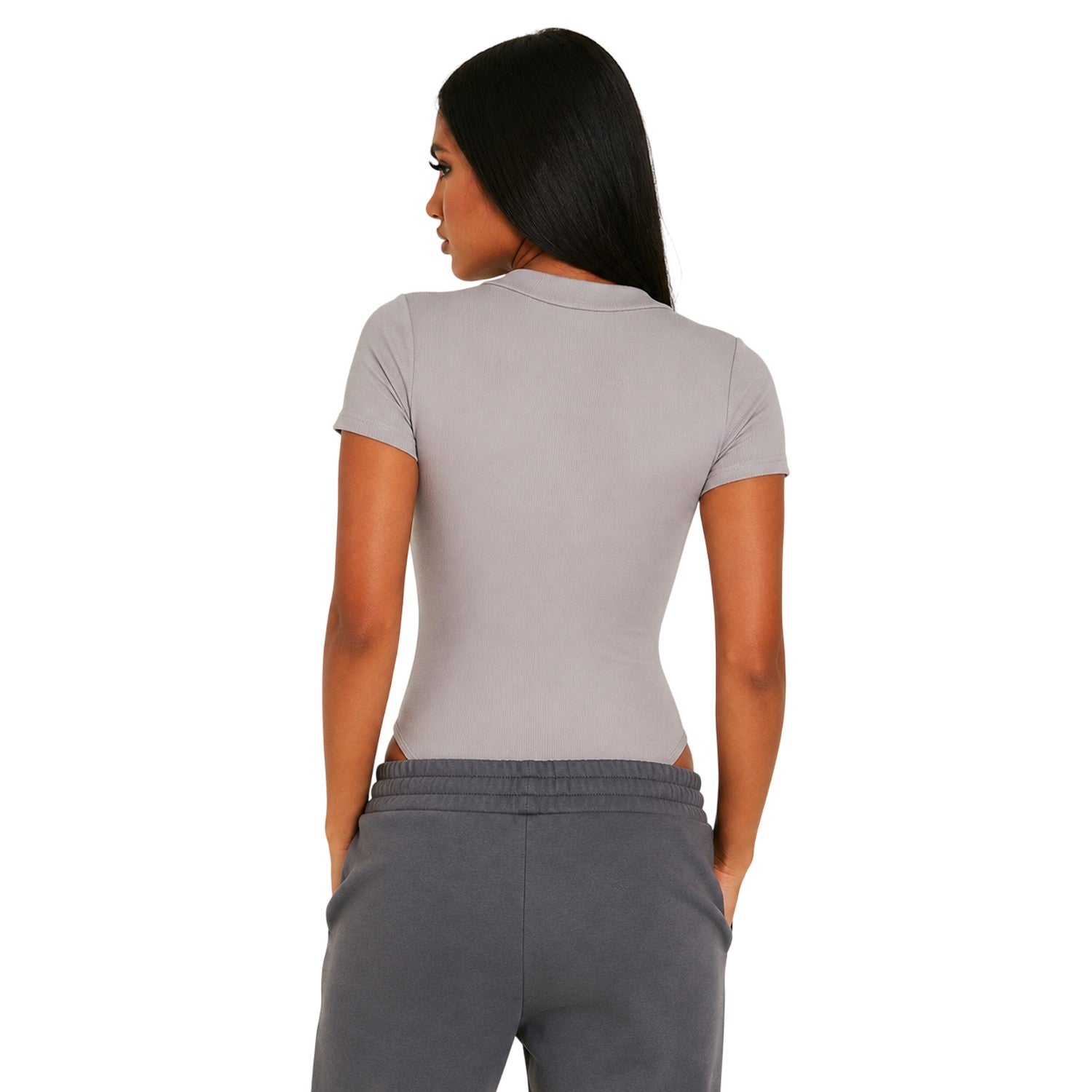 Grey - Back - Missy Empire Womens-Ladies Structured Short-Sleeved Bodysuit