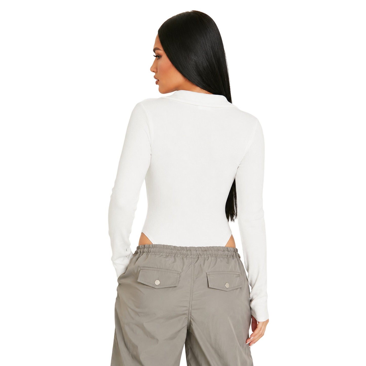 Cream - Back - Missy Empire Womens-Ladies Ribbed Fitted Long-Sleeved Bodysuit