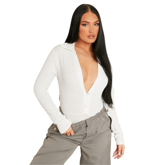 Cream - Front - Missy Empire Womens-Ladies Ribbed Fitted Long-Sleeved Bodysuit
