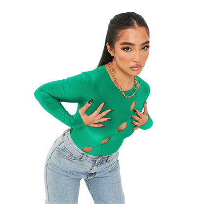 Green - Front - Missy Empire Womens-Ladies Cut Out Long-Sleeved Bodysuit
