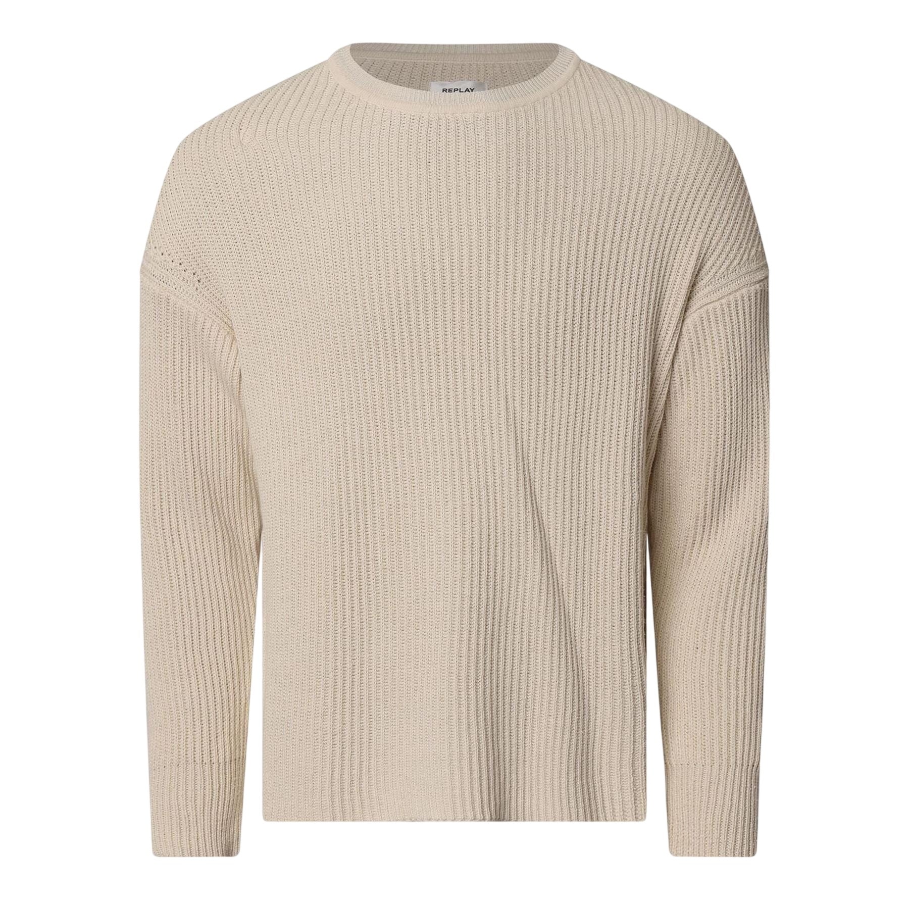 Cream - Front - Replay Mens Ribbed Crew Neck Jumper