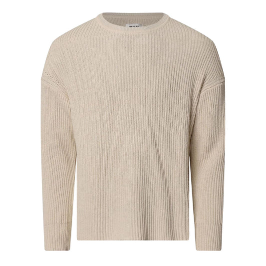 Cream - Front - Replay Mens Ribbed Crew Neck Jumper
