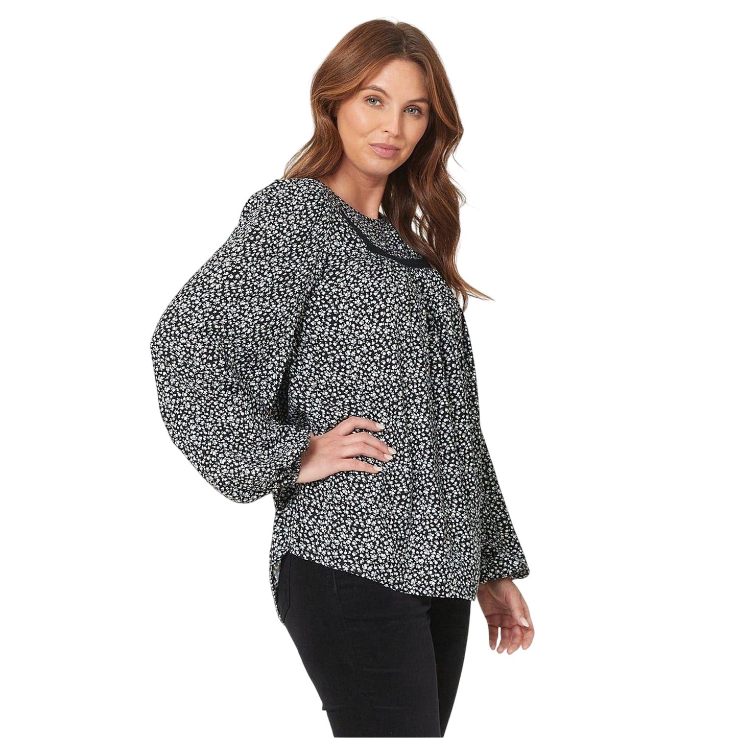 Black-Cream - Back - Be You Womens-Ladies Floral Viscose Yoke Neck Balloon Sleeve Blouse