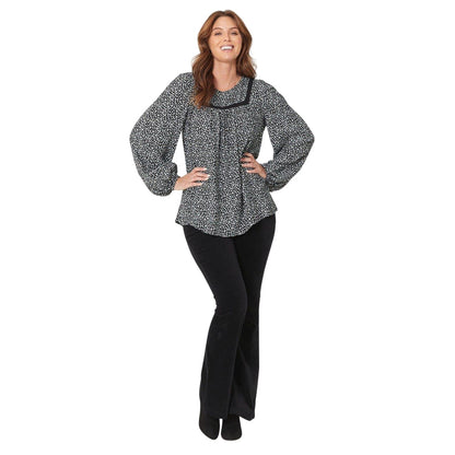 Black-Cream - Side - Be You Womens-Ladies Floral Viscose Yoke Neck Balloon Sleeve Blouse