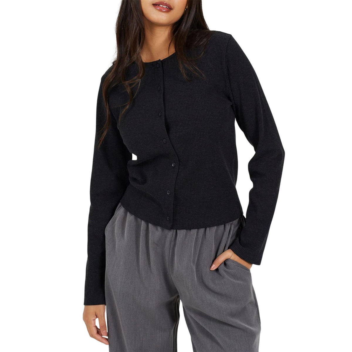 Charcoal - Front - Brave Soul Womens-Ladies Ribbed Top