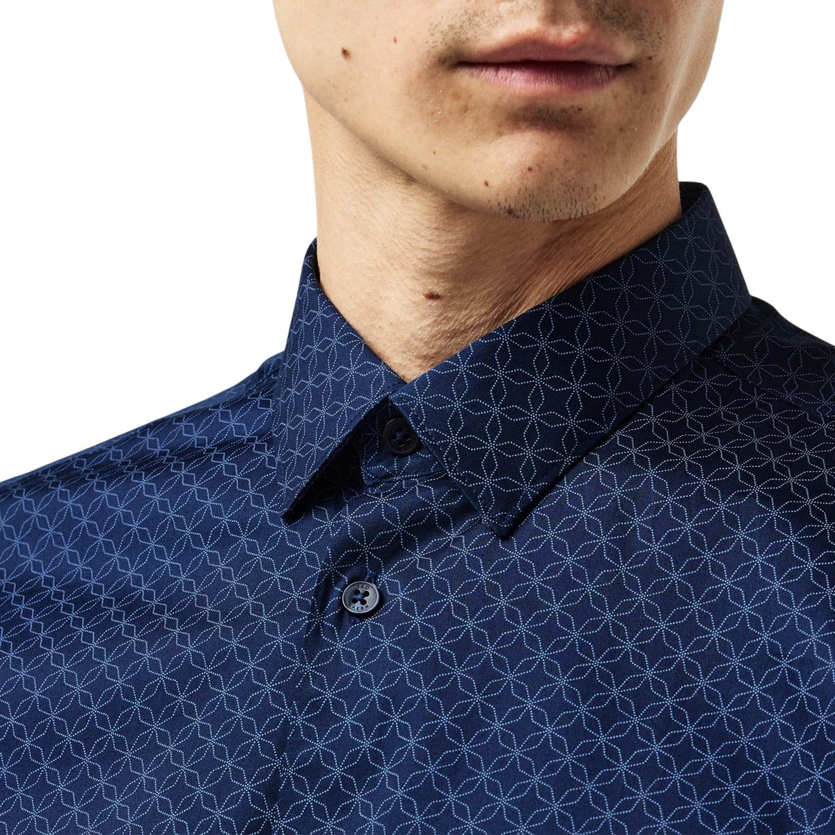 Navy - Side - Ted Baker Mens Geometric Slim Formal Shirt