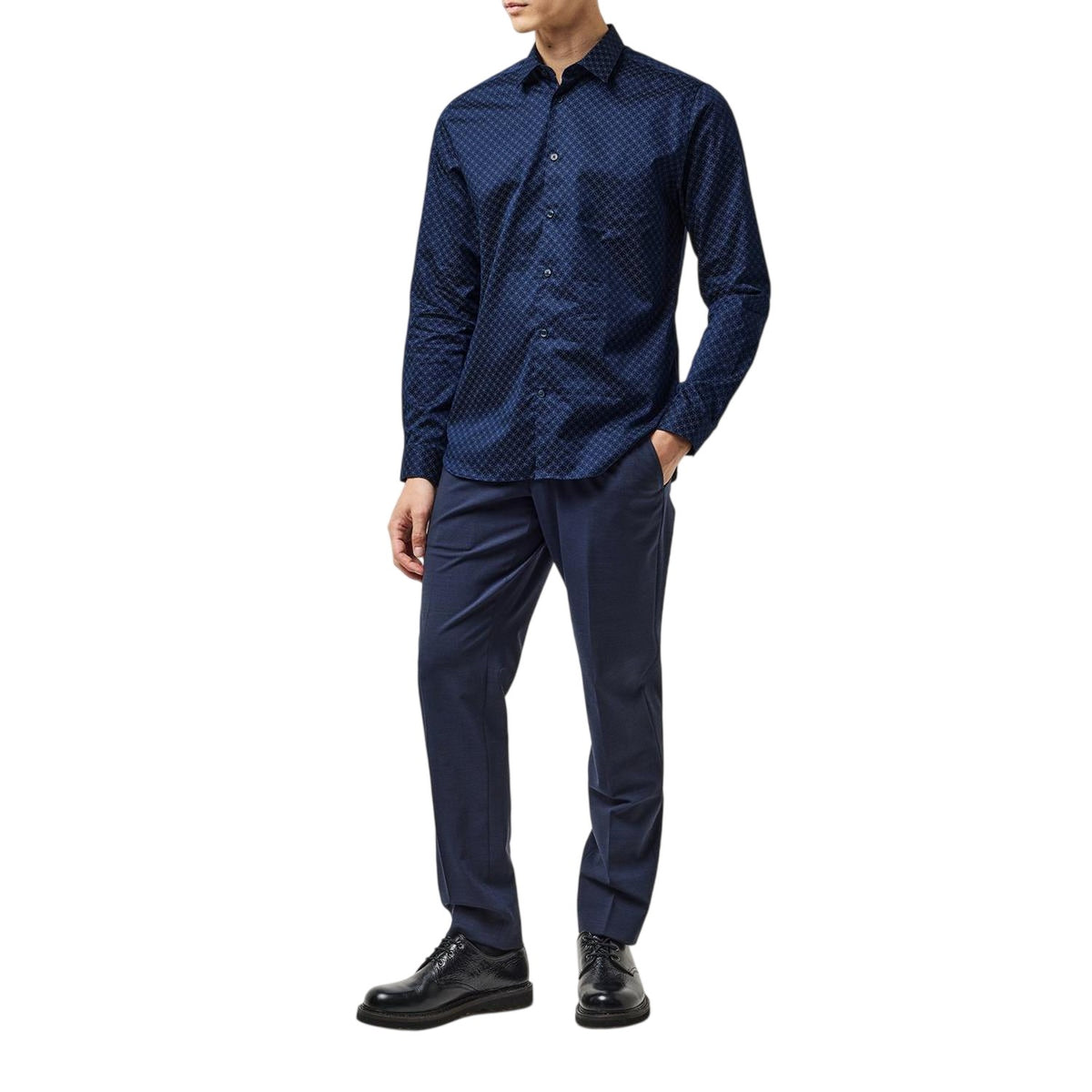 Navy - Close up - Ted Baker Mens Geometric Slim Formal Shirt