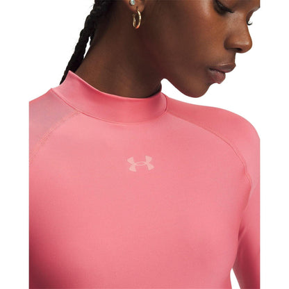 Pink - Side - Under Armour Womens-Ladies HeatGear Mock Neck Crop Top