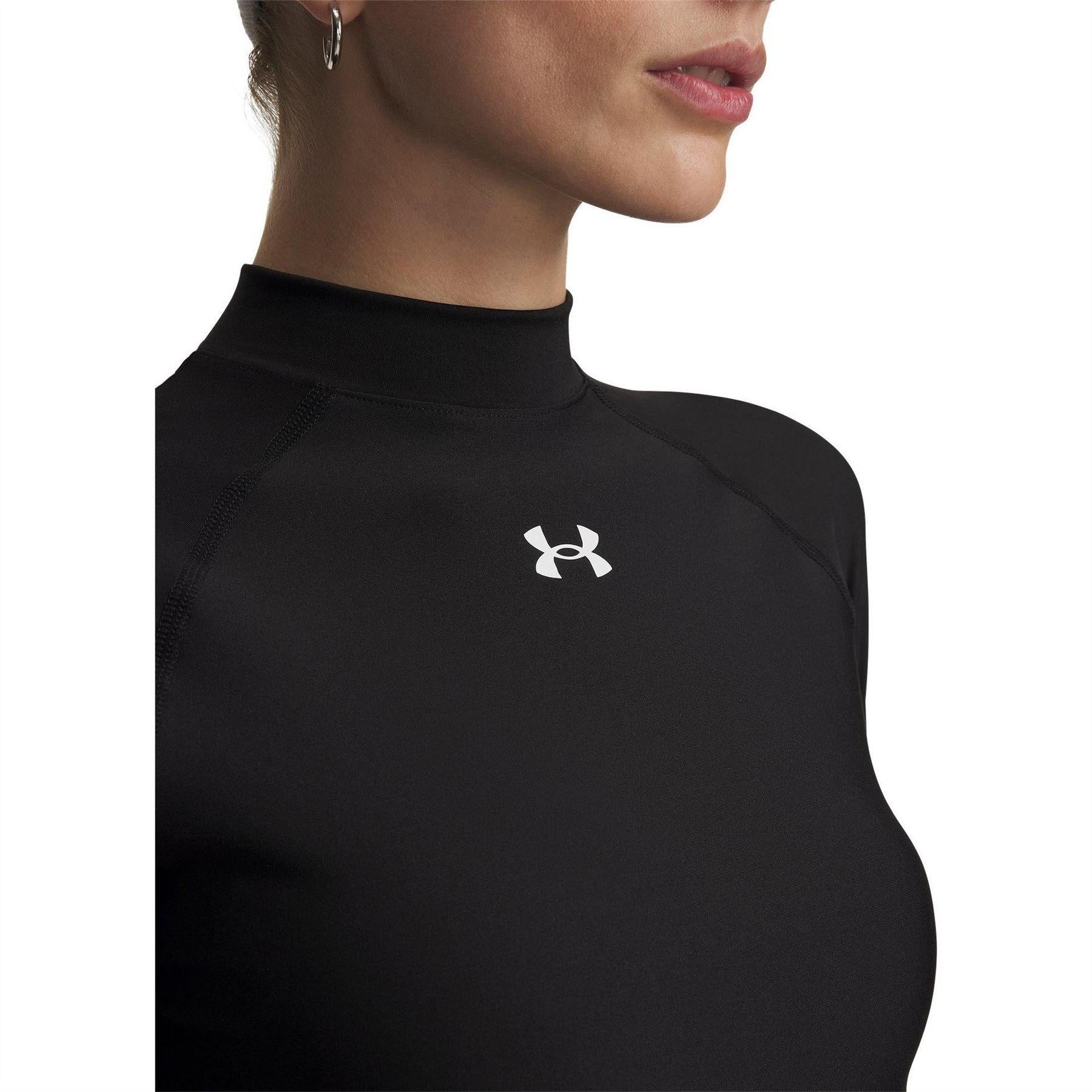 Black-White - Side - Under Armour Womens-Ladies HeatGear Mock Neck Crop Top