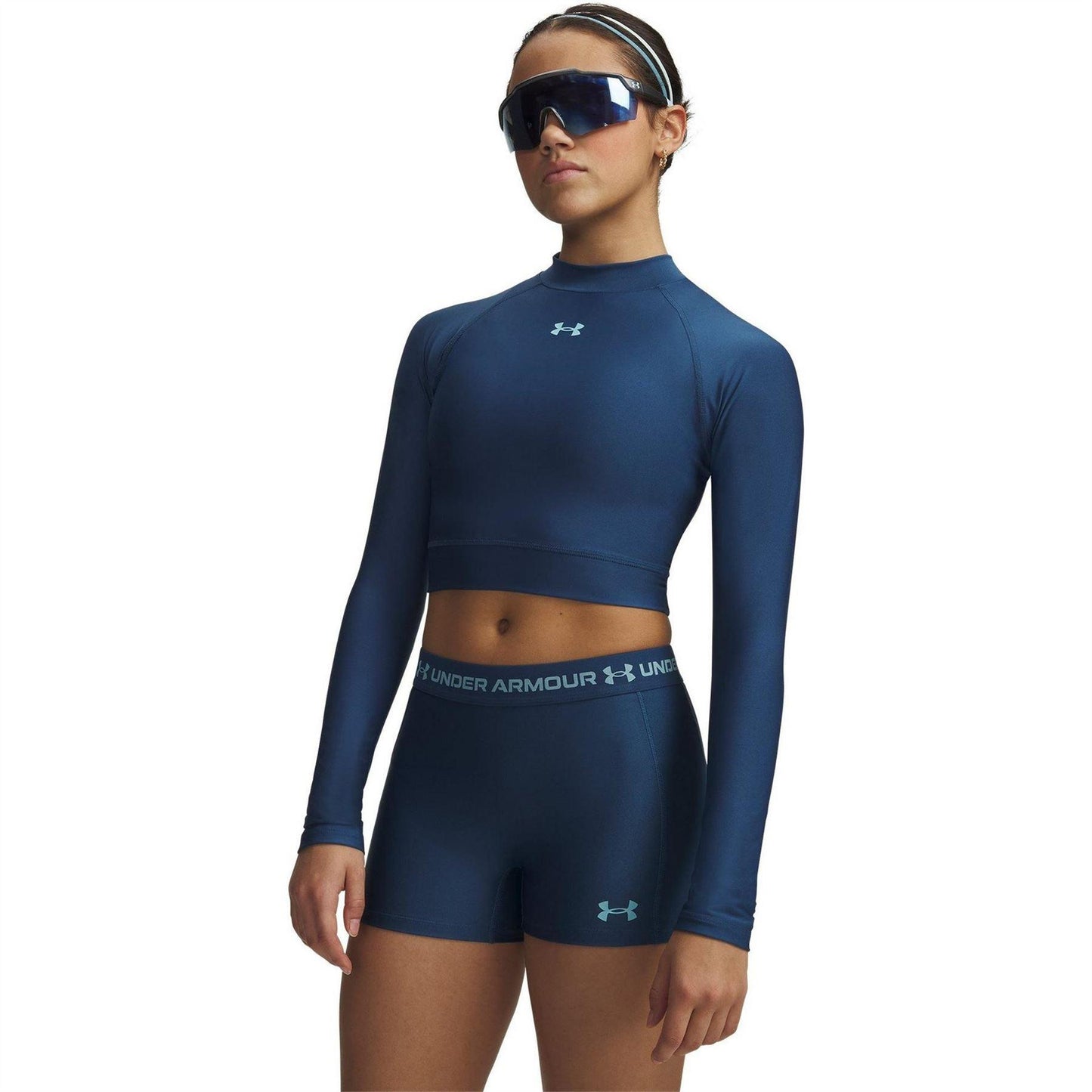 Blue - Front - Under Armour Womens-Ladies HeatGear Mock Neck Crop Top