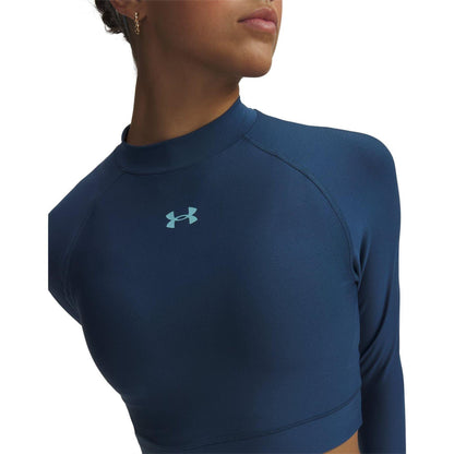 Blue - Side - Under Armour Womens-Ladies HeatGear Mock Neck Crop Top