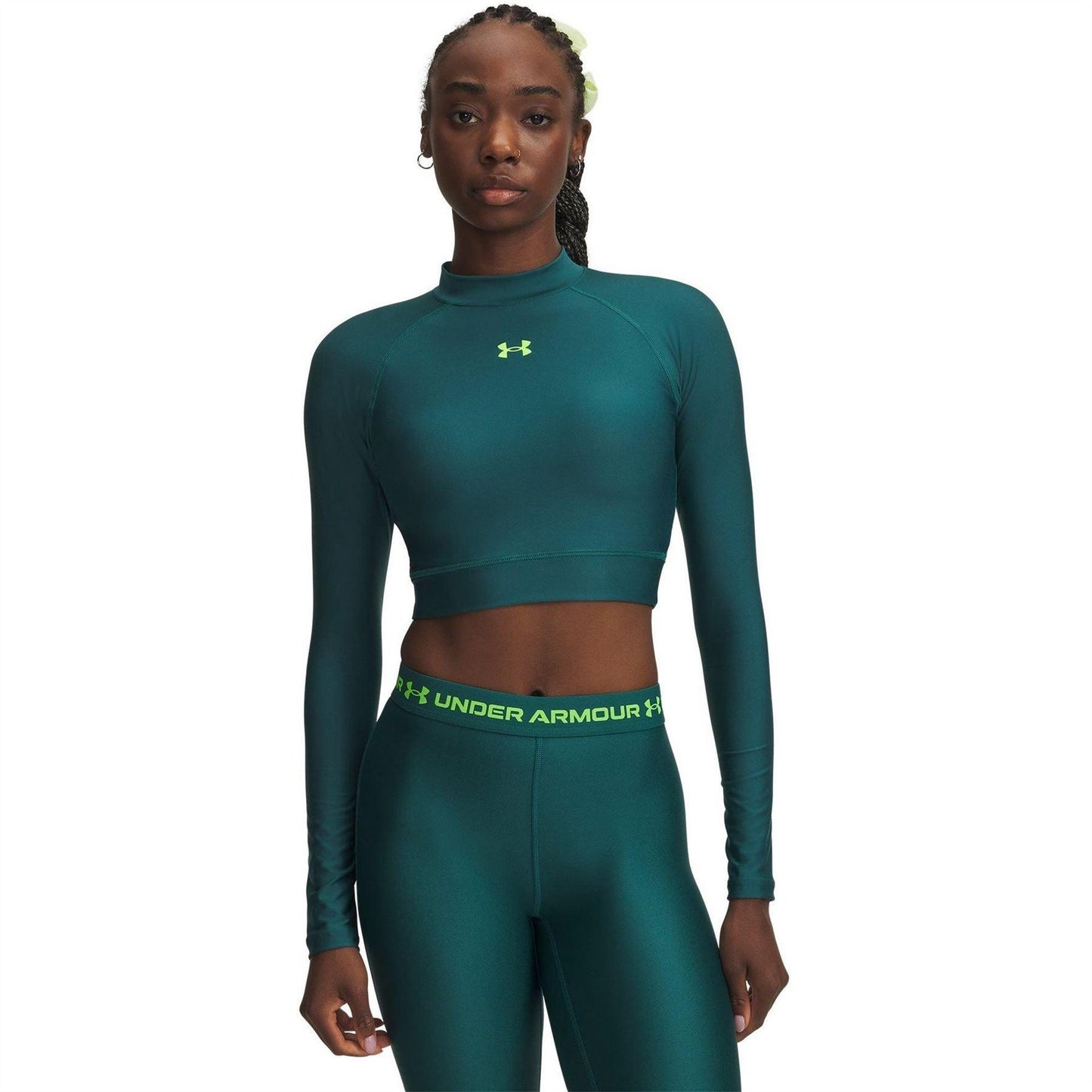 Green - Front - Under Armour Womens-Ladies HeatGear Mock Neck Crop Top