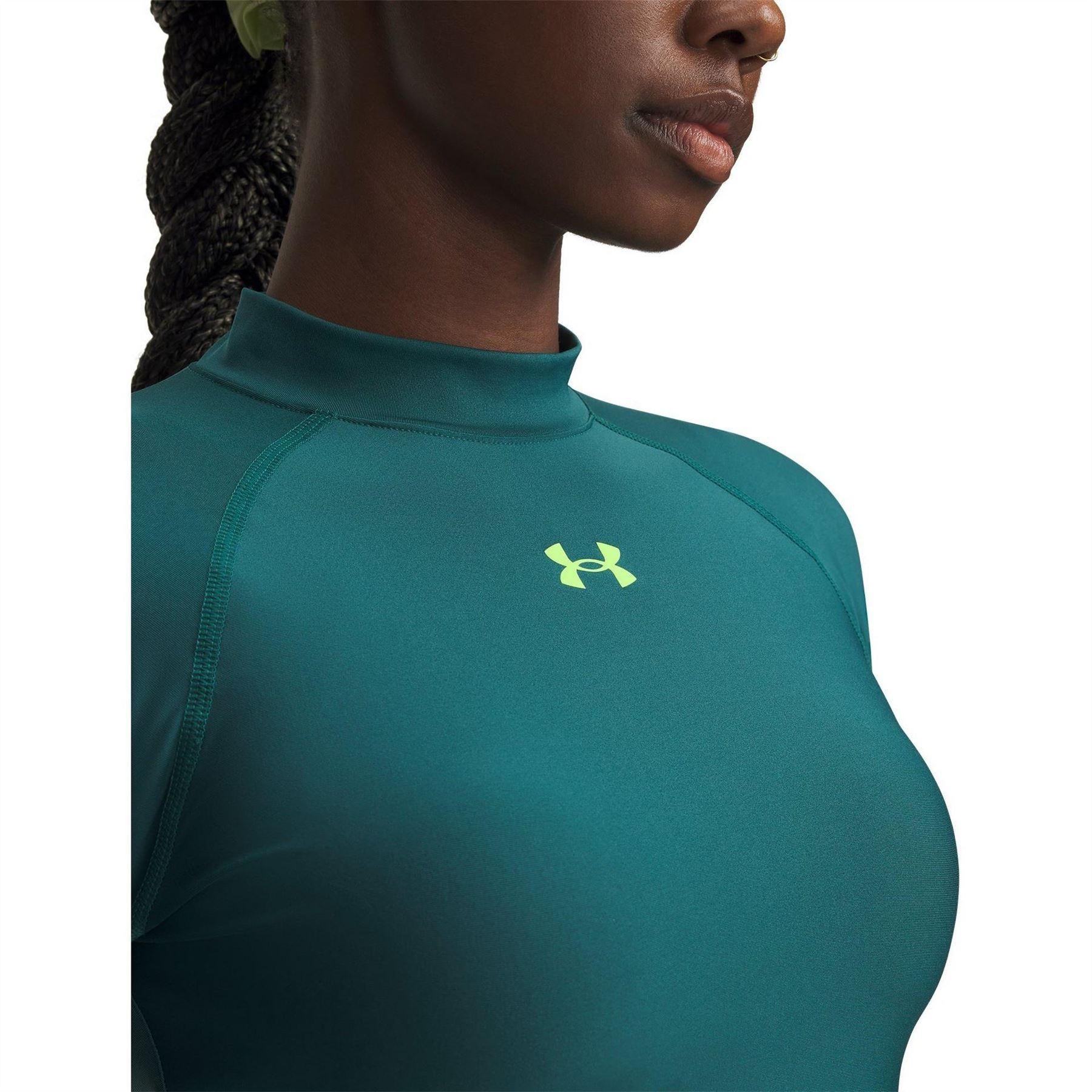 Green - Side - Under Armour Womens-Ladies HeatGear Mock Neck Crop Top