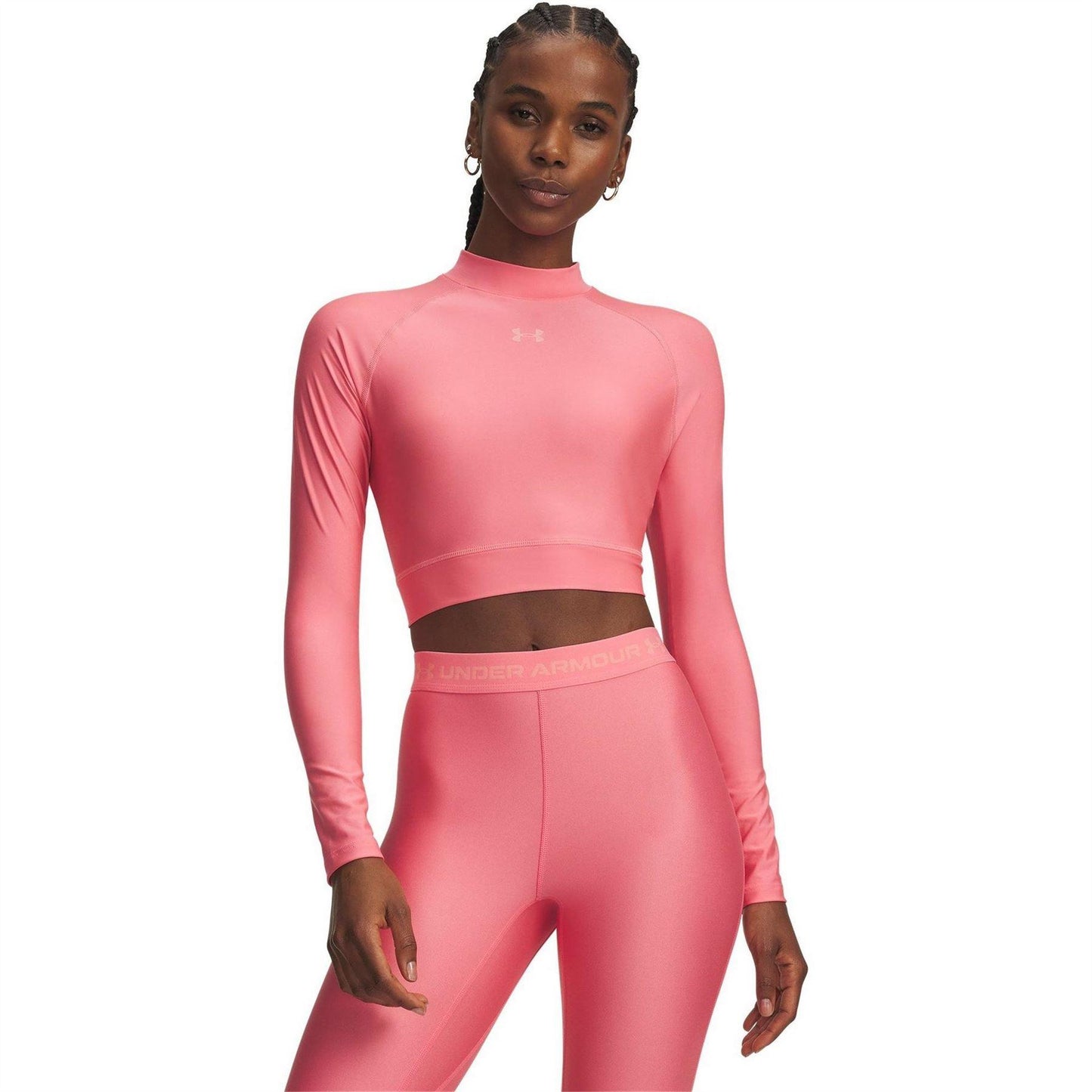 Pink - Front - Under Armour Womens-Ladies HeatGear Mock Neck Crop Top