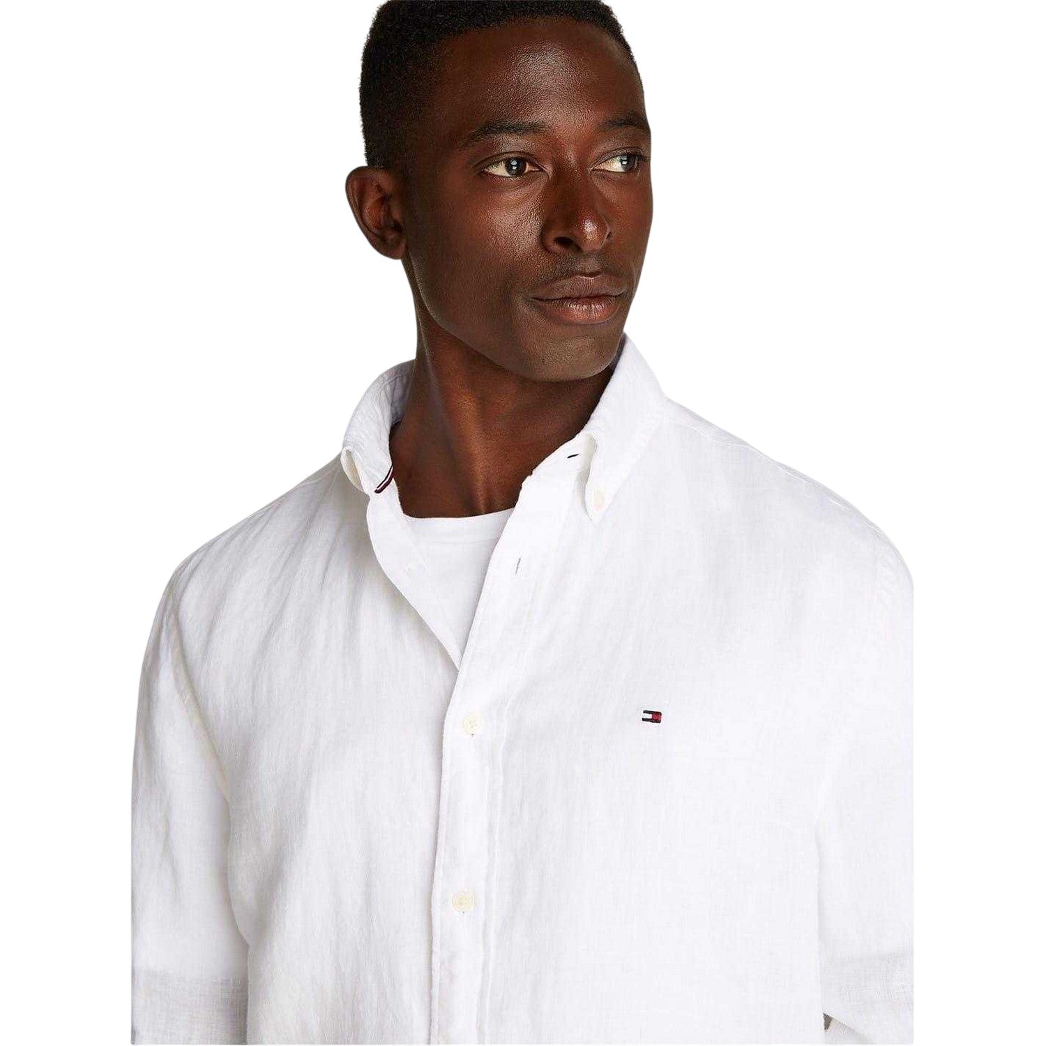 Optic White - Side - Tommy Hilfiger Mens Linen Regular Long-Sleeved Shirt