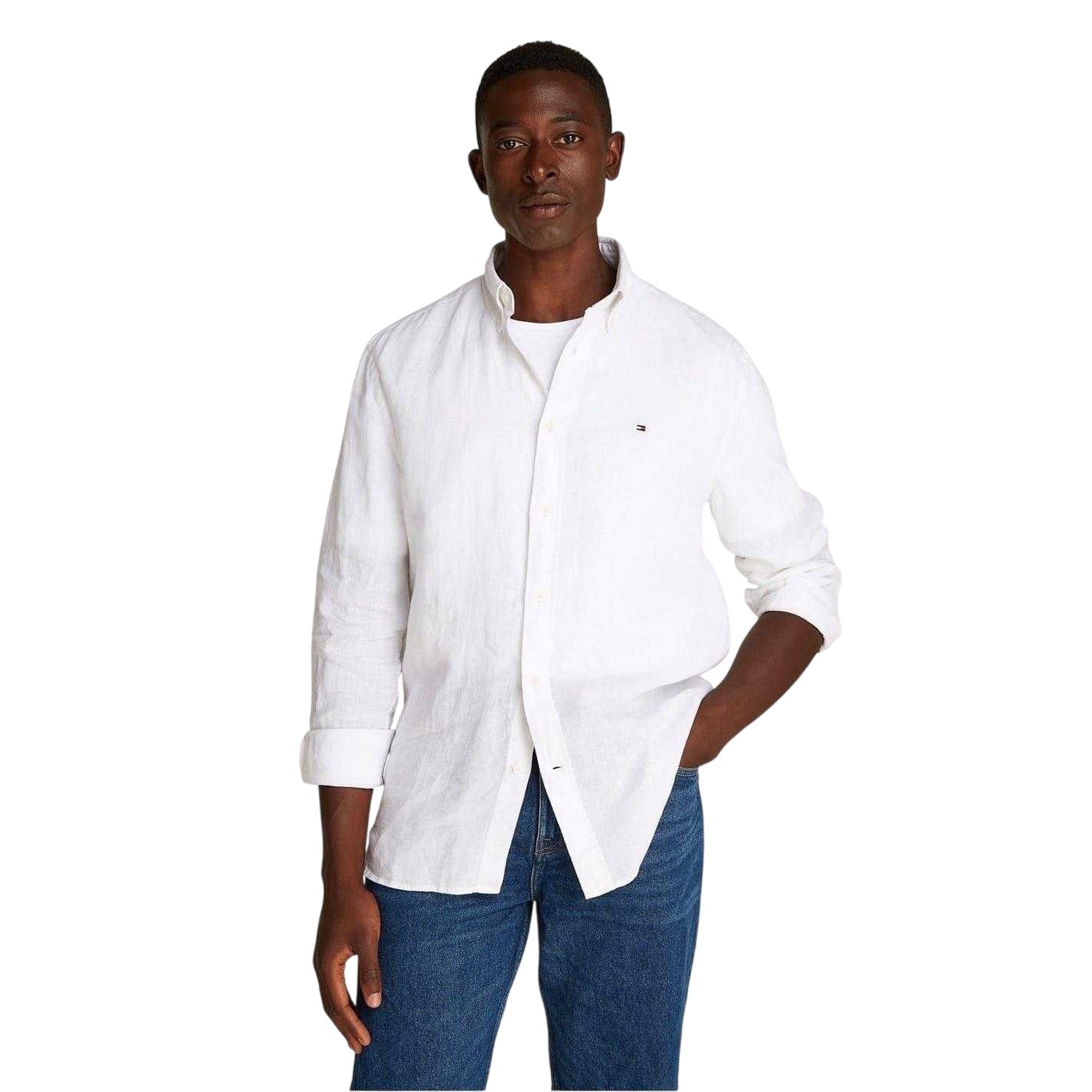 Optic White - Lifestyle - Tommy Hilfiger Mens Linen Regular Long-Sleeved Shirt