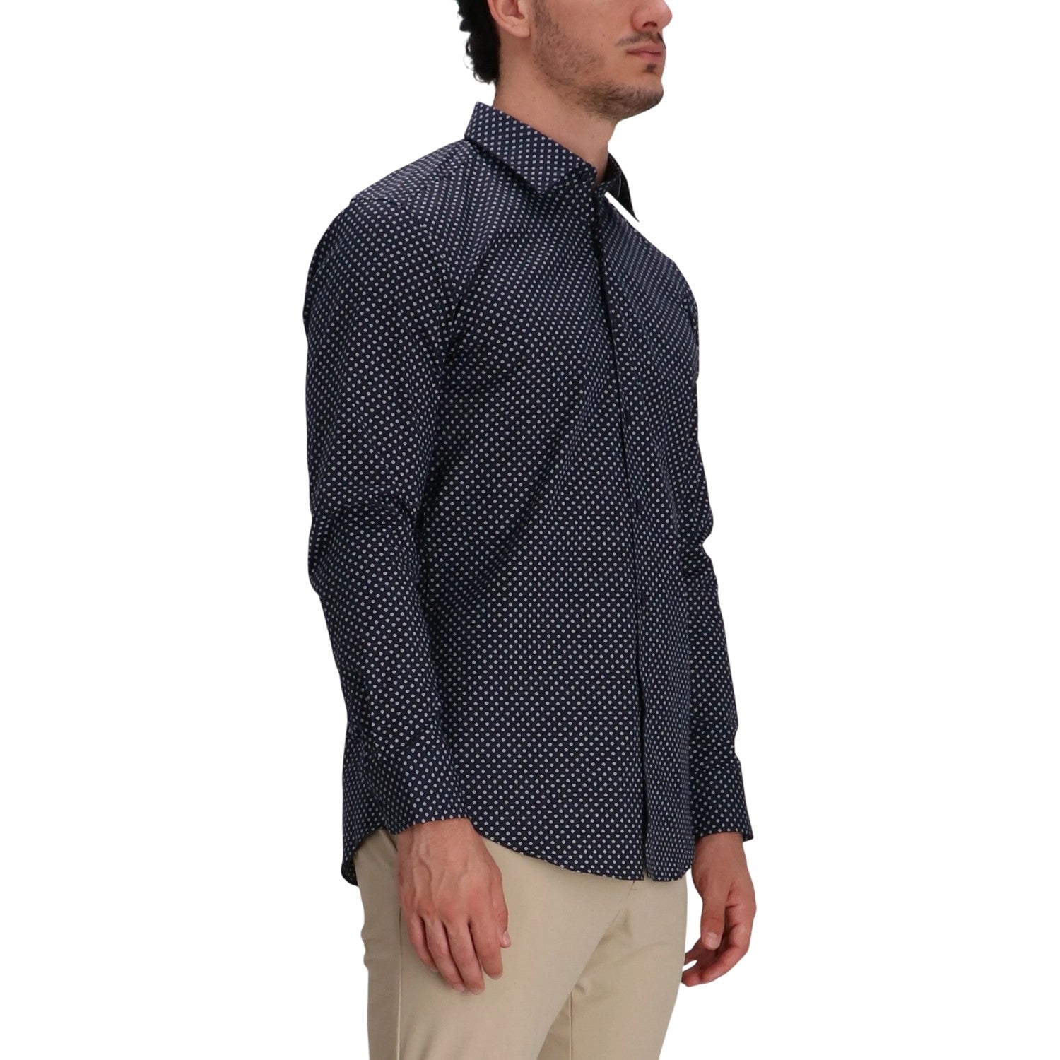 Dark Blue - Side - Boss Mens Polka Dot Regular Long-Sleeved Shirt