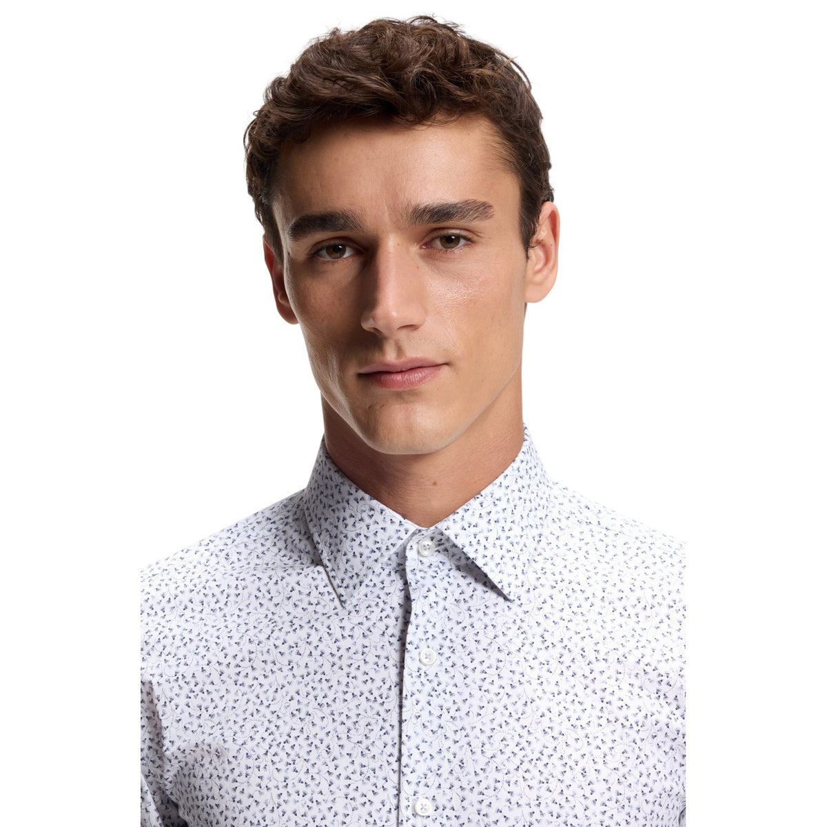 Blue - Side - Boss Mens Micro-Dot Regular Long-Sleeved Shirt
