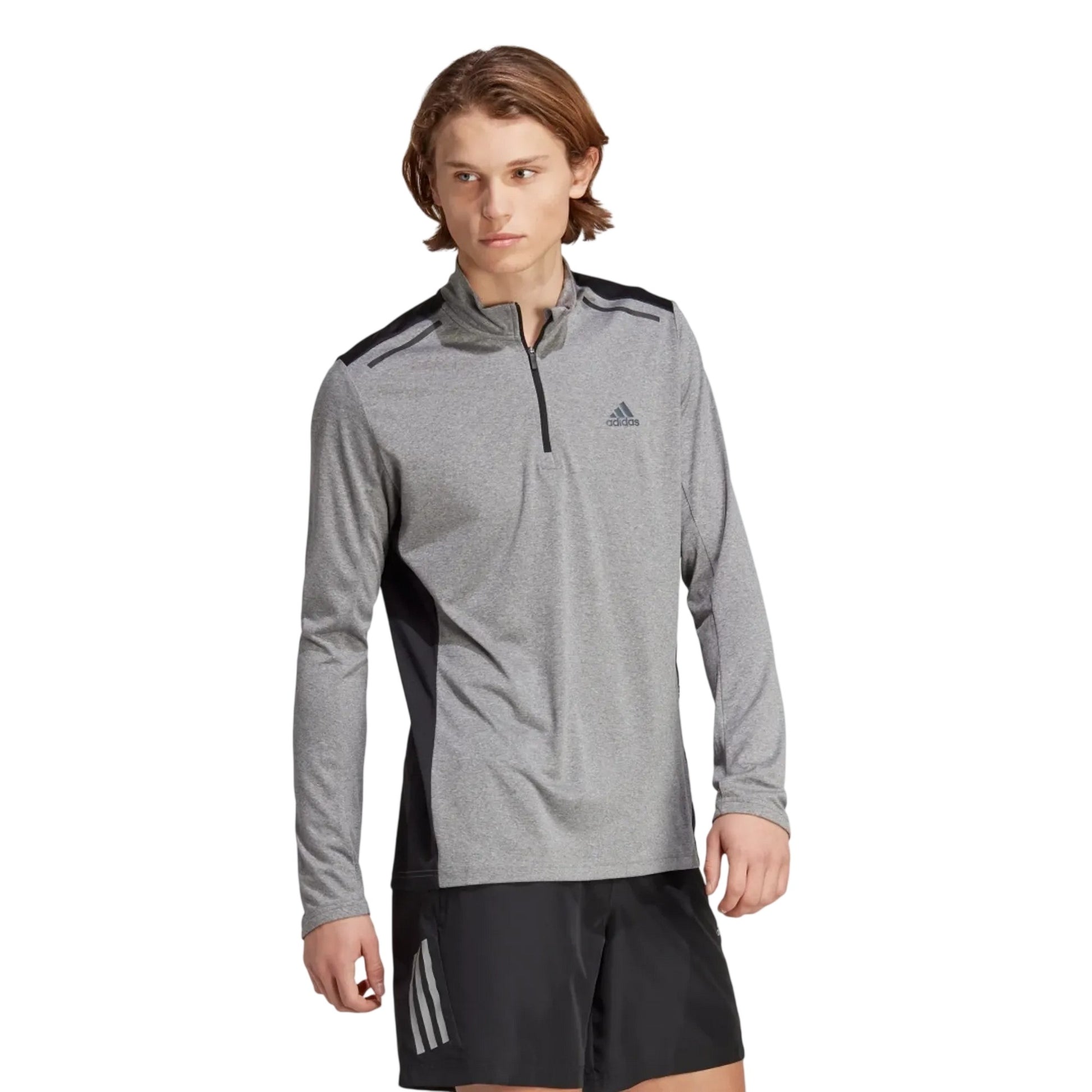 Grey - Side - Adidas Mens Logo Quarter Zip Slim Long-Sleeved Track Top