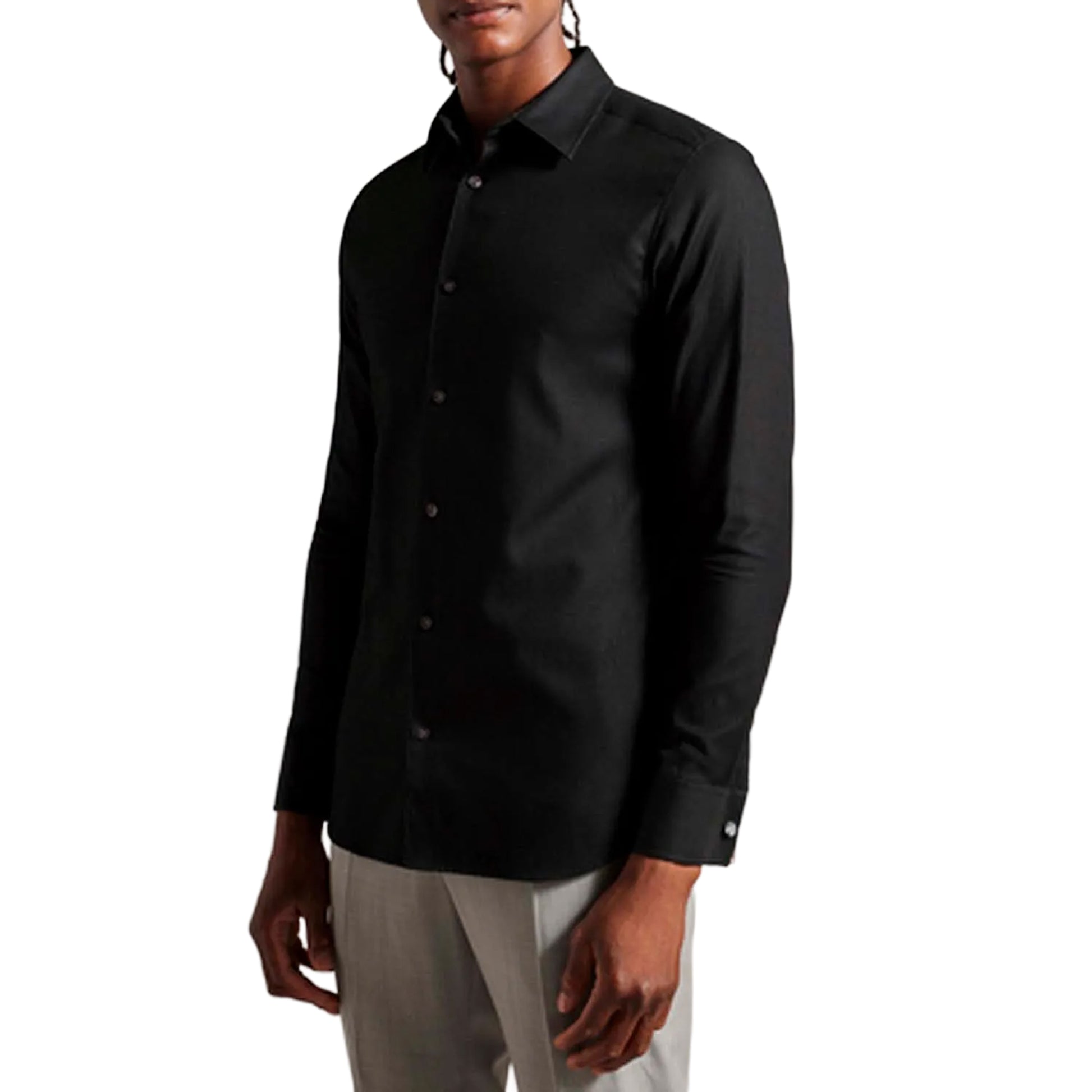 Black - Side - Ted Baker Mens Lecce Textured Stripe Long-Sleeved Shirt