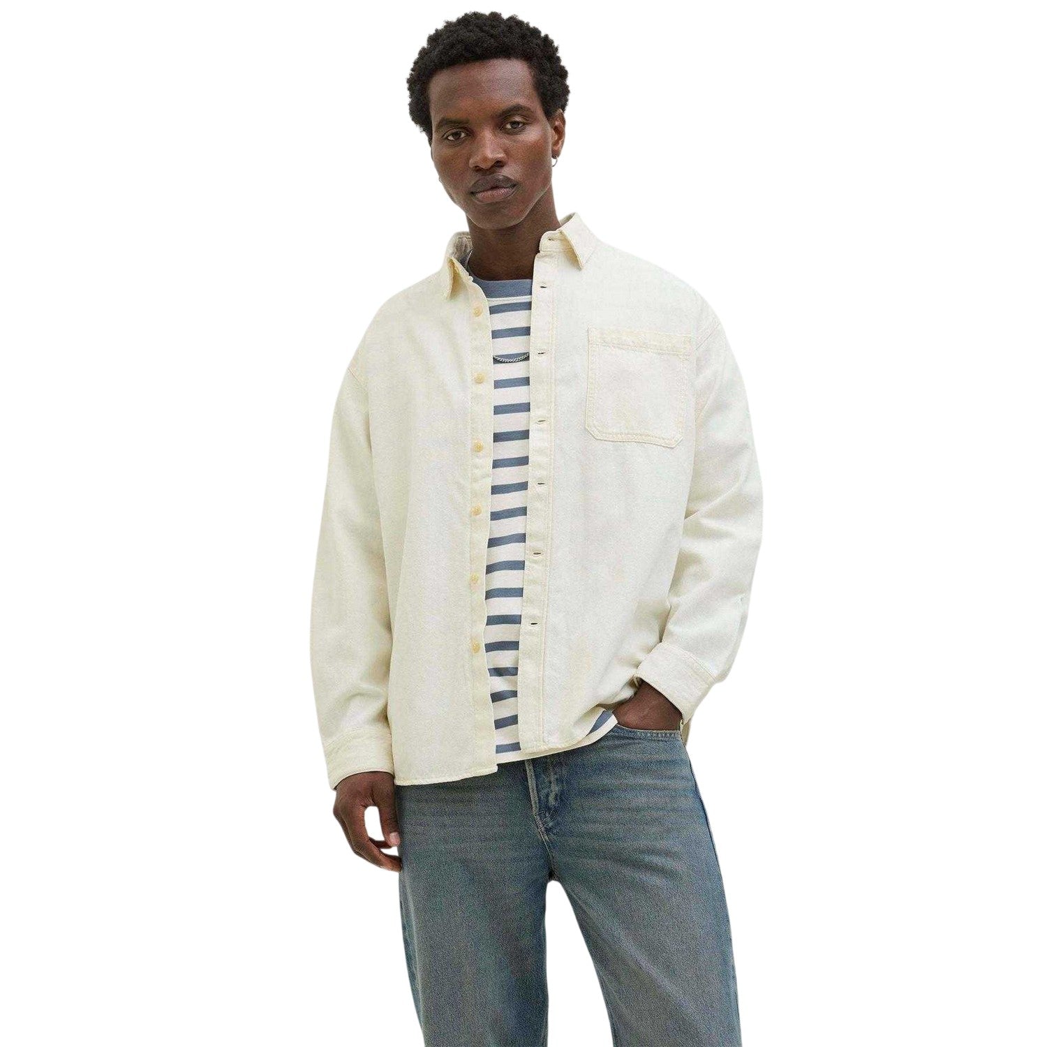 Ecru - Side - Jack And Jones Mens Plain Denim Collared Long-Sleeved Shirt