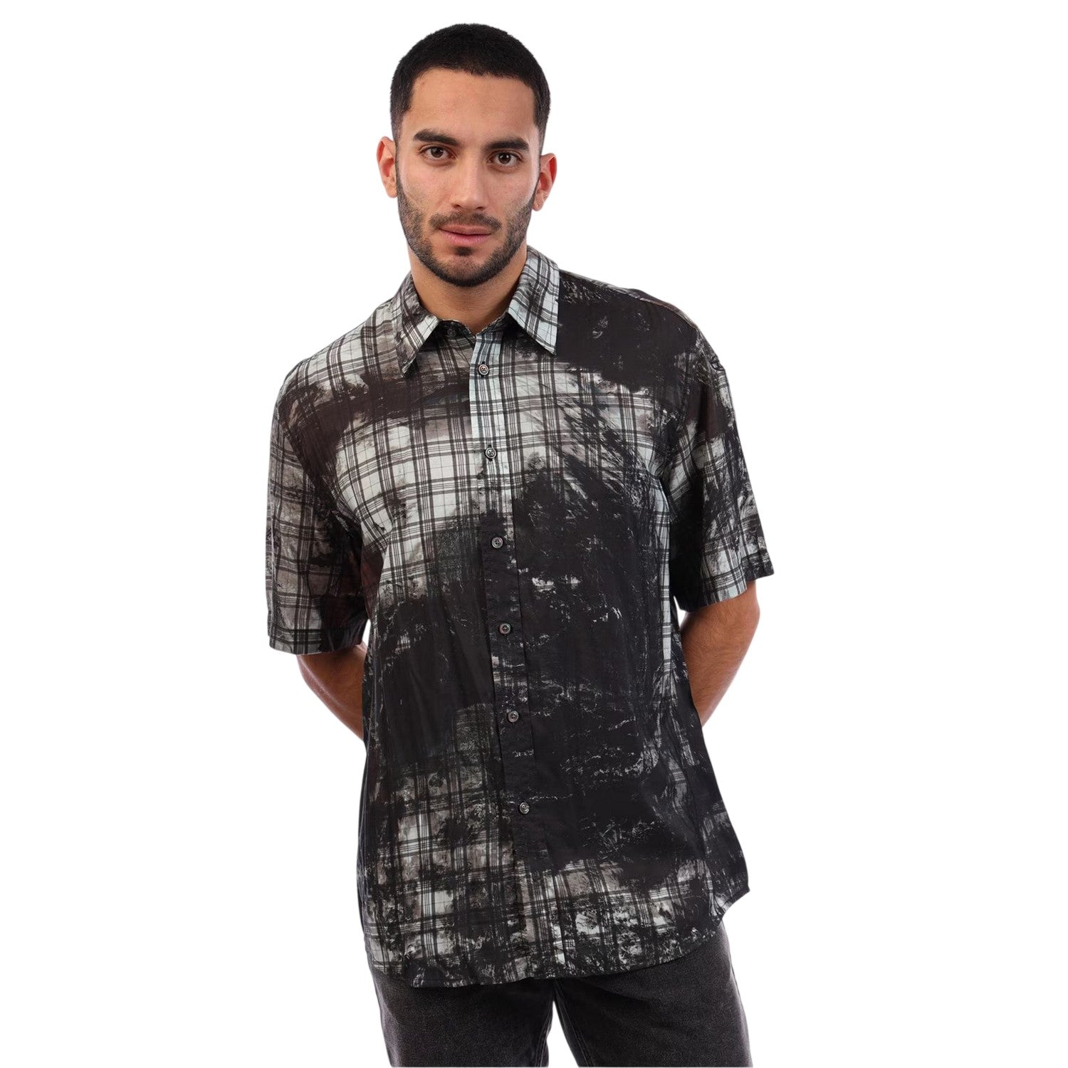 Black - Side - Diesel Mens Globe Plaid Short-Sleeved Shirt