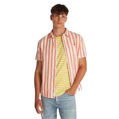 Ecru-Vermillion - Back - Tommy Jeans Mens Striped Linen Short-Sleeved Shirt