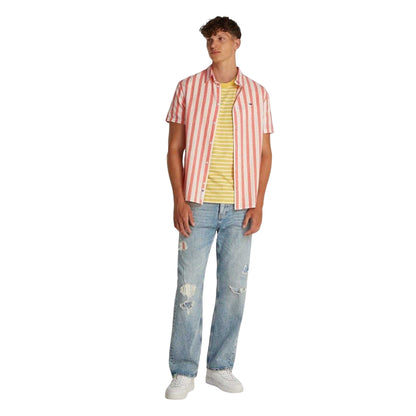 Ecru-Vermillion - Side - Tommy Jeans Mens Striped Linen Short-Sleeved Shirt