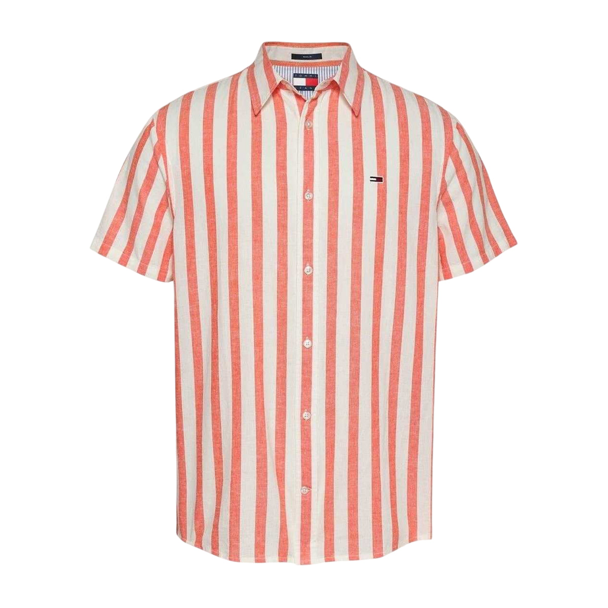 Ecru-Vermillion - Front - Tommy Jeans Mens Striped Linen Short-Sleeved Shirt