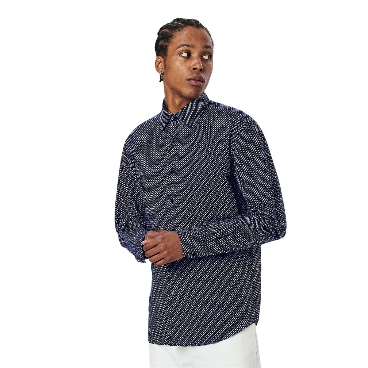 Dark Blue - Side - Boss Mens Geometric Pattern Regular Shirt