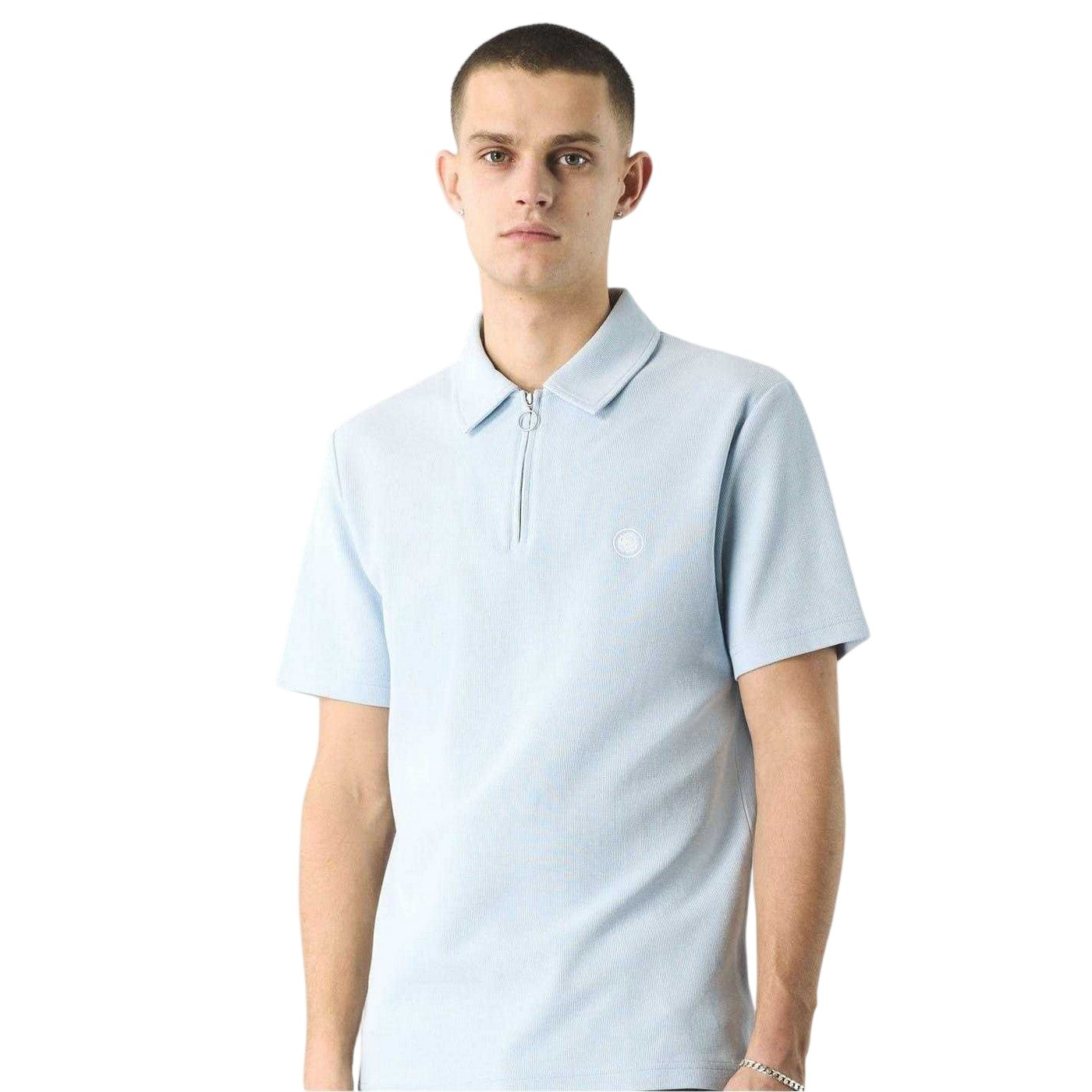 Light Blue - Front - Pretty Green Mens Islington Quarter Zip Regular Polo Shirt