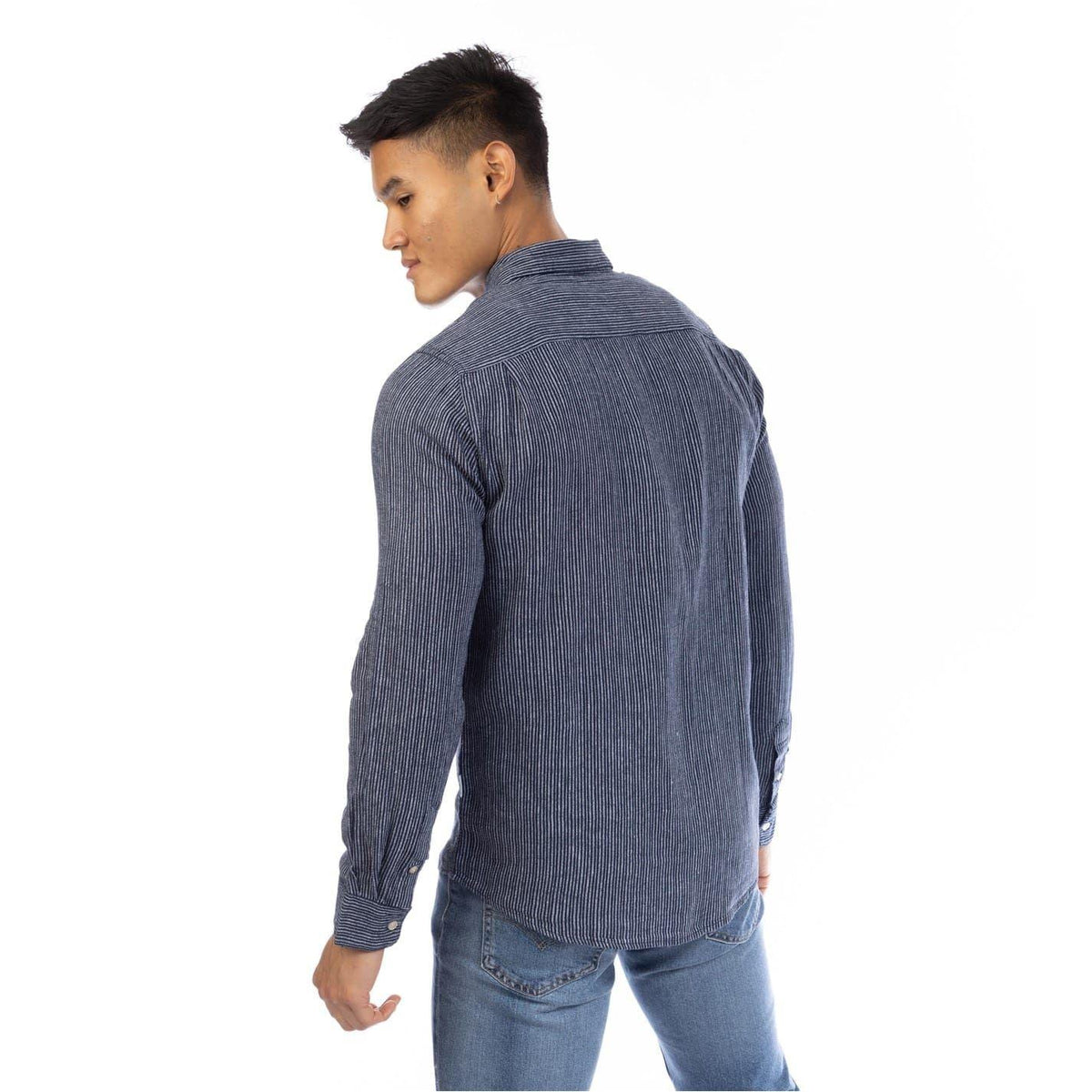 Dark Navy-White - Back - Peter Werth Mens Raymont Pinstripe Collared Shirt