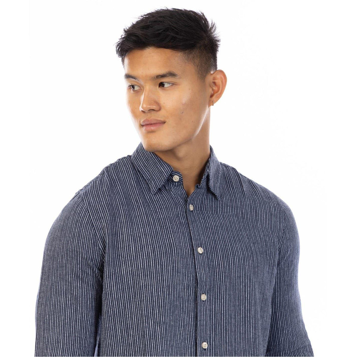 Dark Navy-White - Side - Peter Werth Mens Raymont Pinstripe Collared Shirt