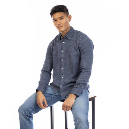 Dark Navy-White - Lifestyle - Peter Werth Mens Raymont Pinstripe Collared Shirt