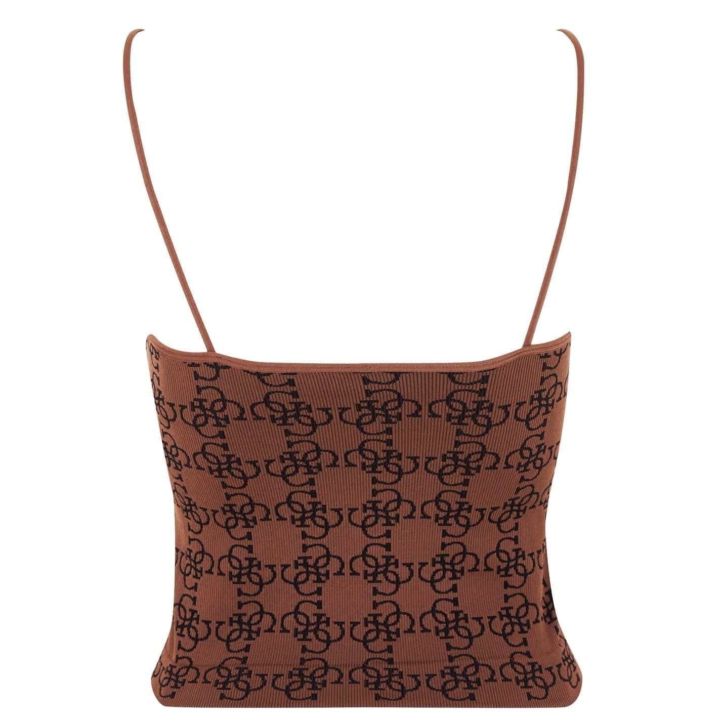 Brown - Back - Guess Womens-Ladies Monogram Ribbed Fitted Top