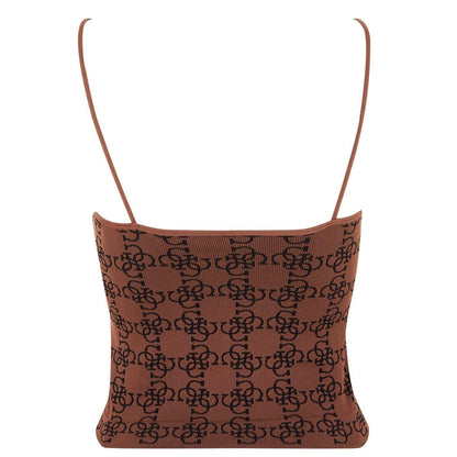 Brown - Back - Guess Womens-Ladies Monogram Ribbed Fitted Top