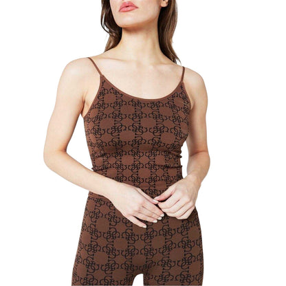 Brown - Side - Guess Womens-Ladies Monogram Ribbed Fitted Top