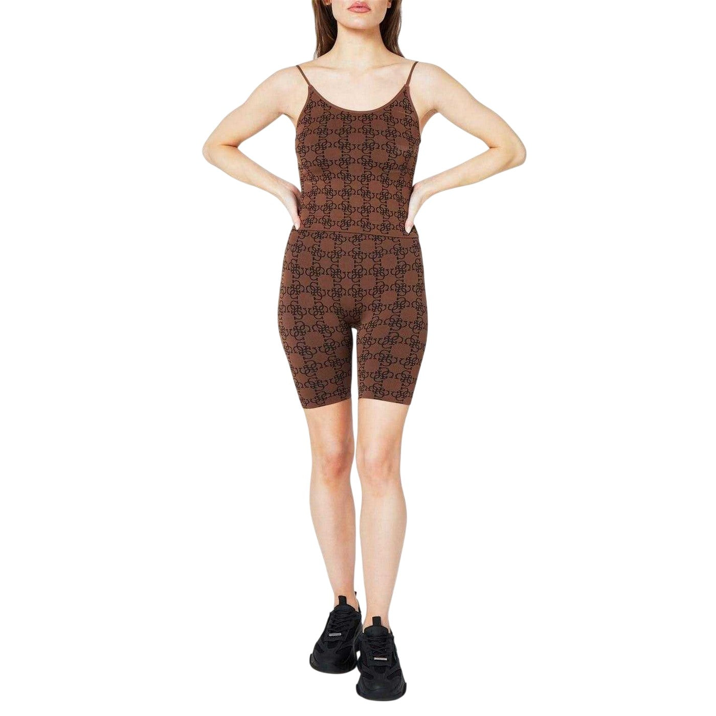 Brown - Lifestyle - Guess Womens-Ladies Monogram Ribbed Fitted Top
