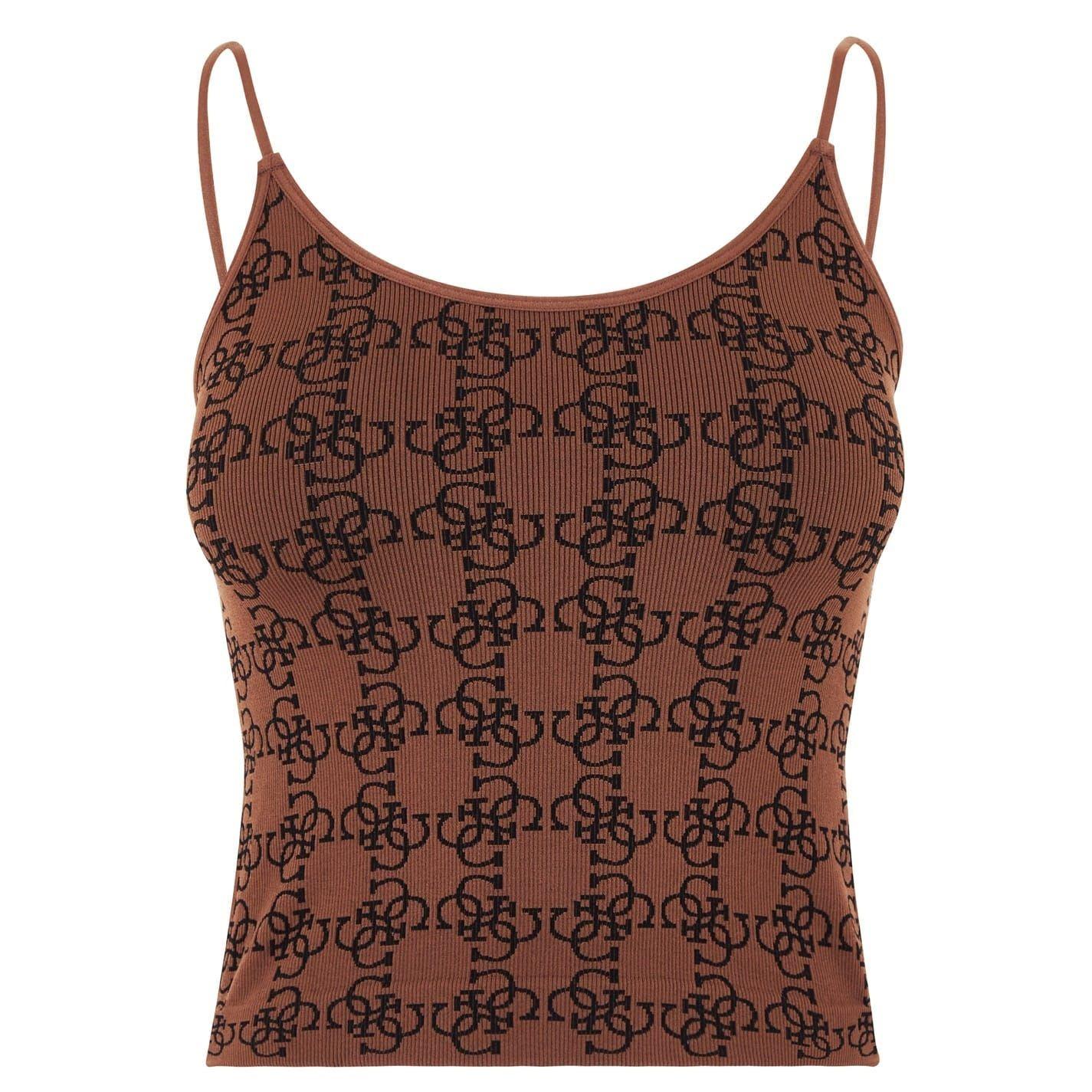 Brown - Front - Guess Womens-Ladies Monogram Ribbed Fitted Top