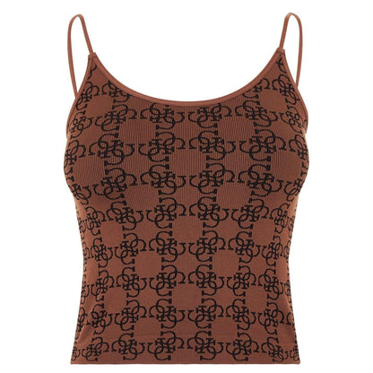 Brown - Front - Guess Womens-Ladies Monogram Ribbed Fitted Top