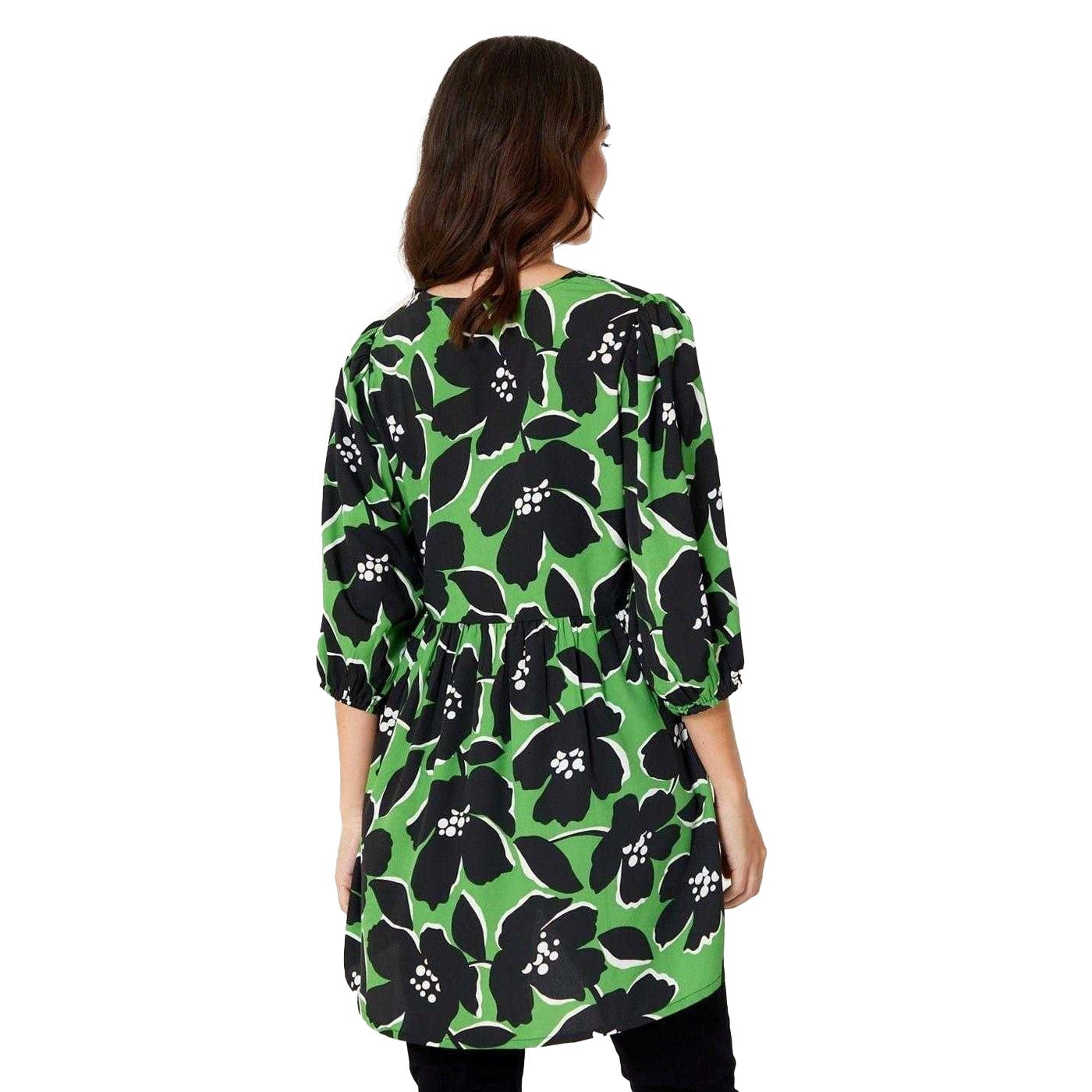 Green - Back - Be You Womens-Ladies Floral Polyester V Neck Relaxed Fit 3-4 Sleeve Tunic Top