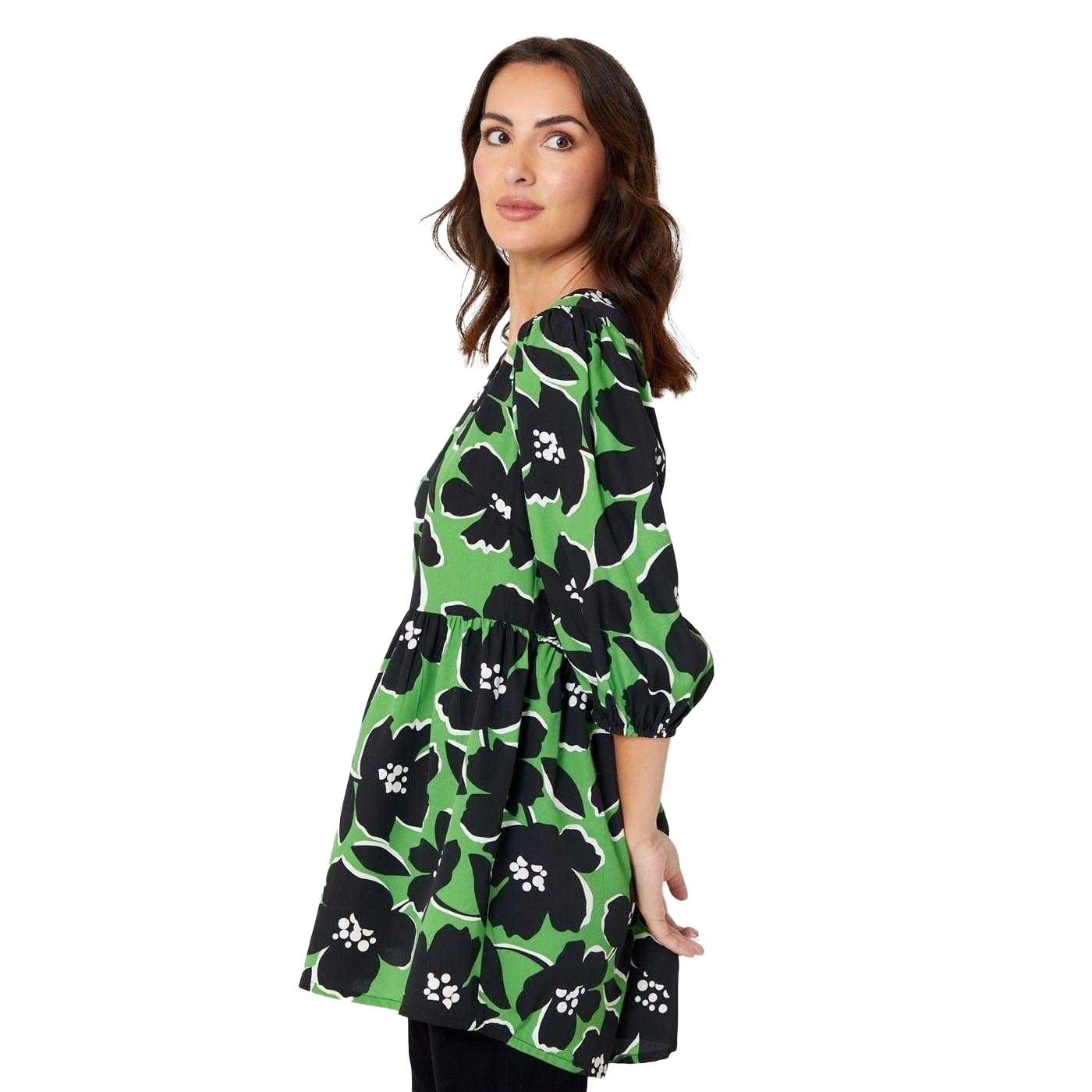 Green - Side - Be You Womens-Ladies Floral Polyester V Neck Relaxed Fit 3-4 Sleeve Tunic Top