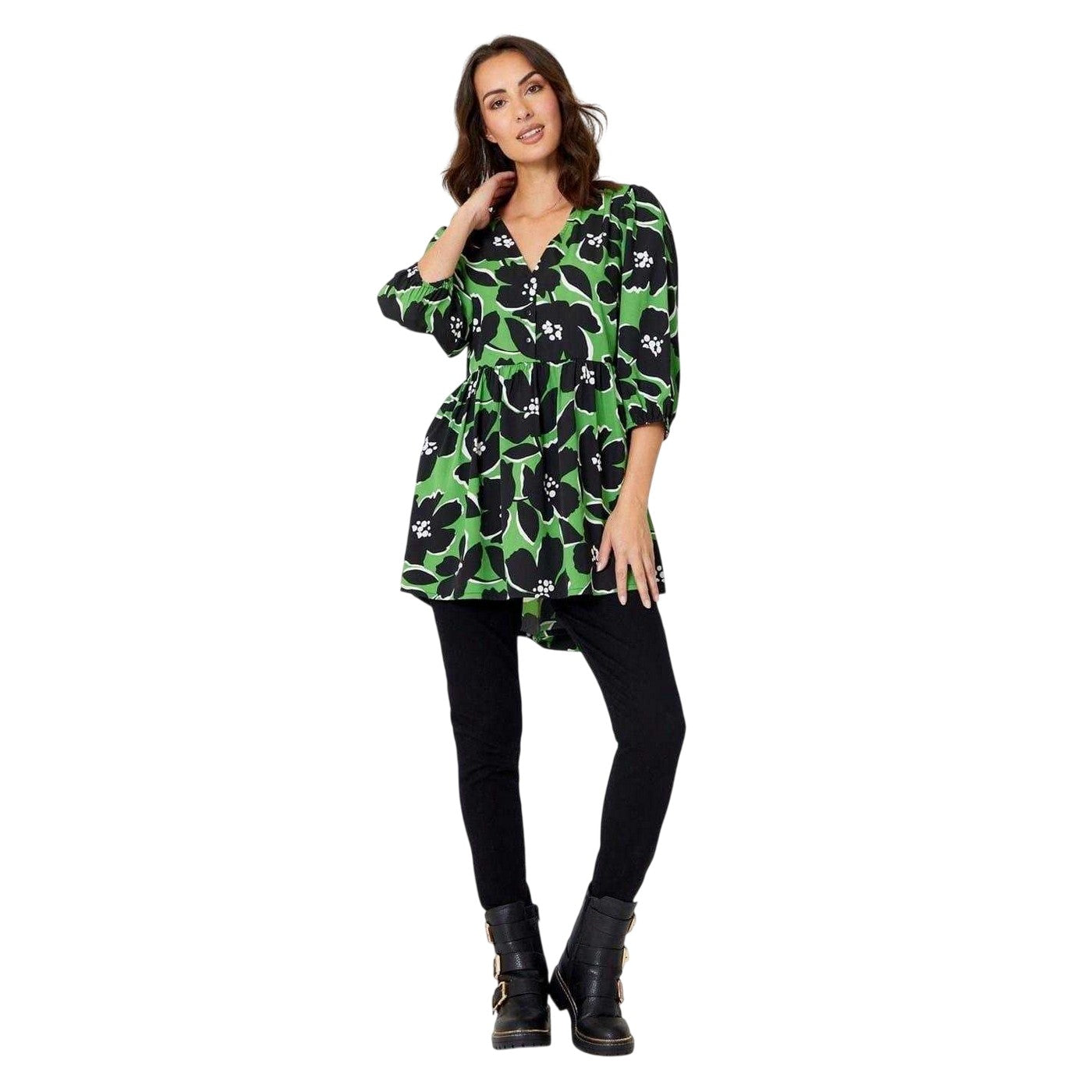 Green - Pack Shot - Be You Womens-Ladies Floral Polyester V Neck Relaxed Fit 3-4 Sleeve Tunic Top