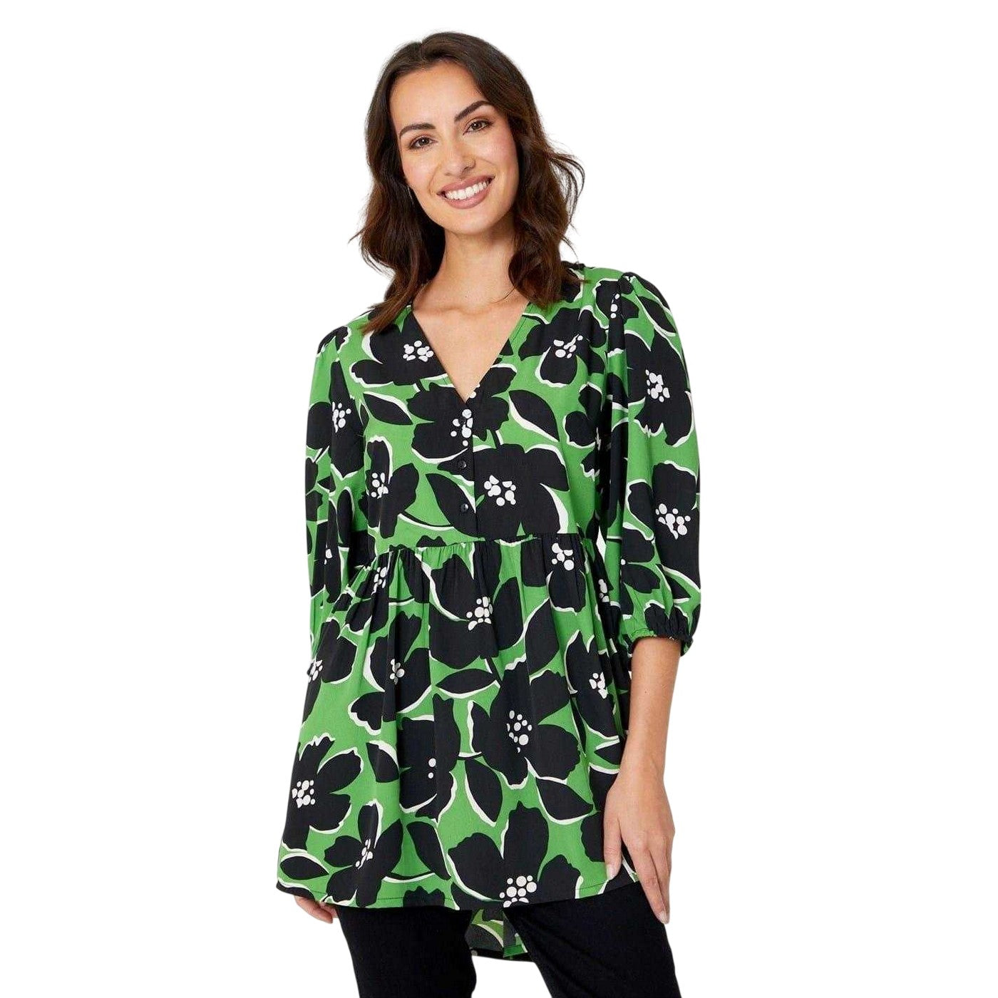 Green - Front - Be You Womens-Ladies Floral Polyester V Neck Relaxed Fit 3-4 Sleeve Tunic Top