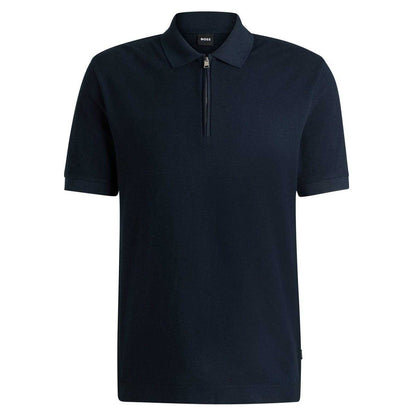 Dark Blue - Front - Boss Mens Zip Neck Regular Short-Sleeved Polo Shirt