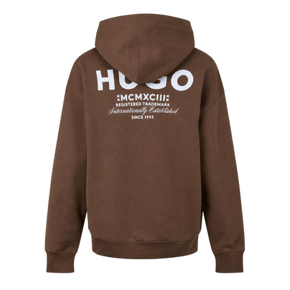 Dark Brown - Back - Hugo Mens Logo Cotton Overhead Relaxed Fit Hoodie