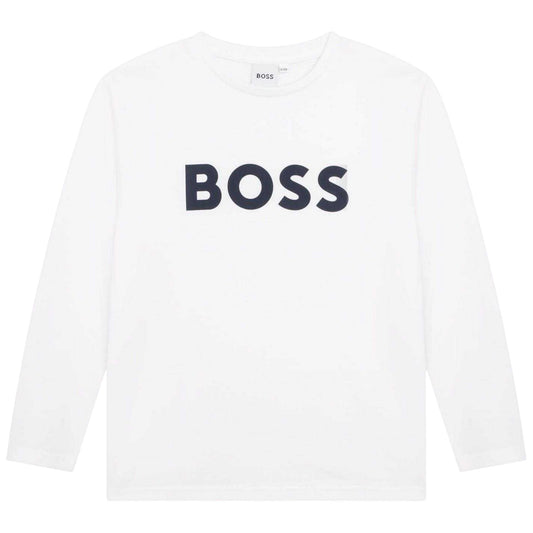 White - Front - Boss Boys Logo Long-Sleeved T-Shirt