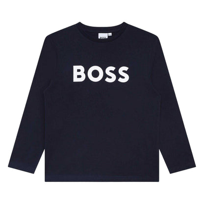 Navy - Front - Boss Boys Logo Long-Sleeved T-Shirt