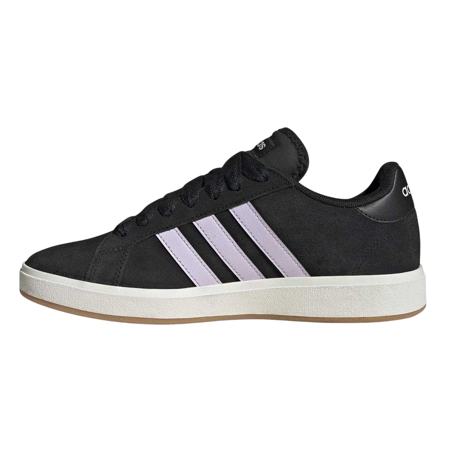 Black-White - Side - Adidas Womens-Ladies Court Base 00s 3 Stripes Suede Trainers