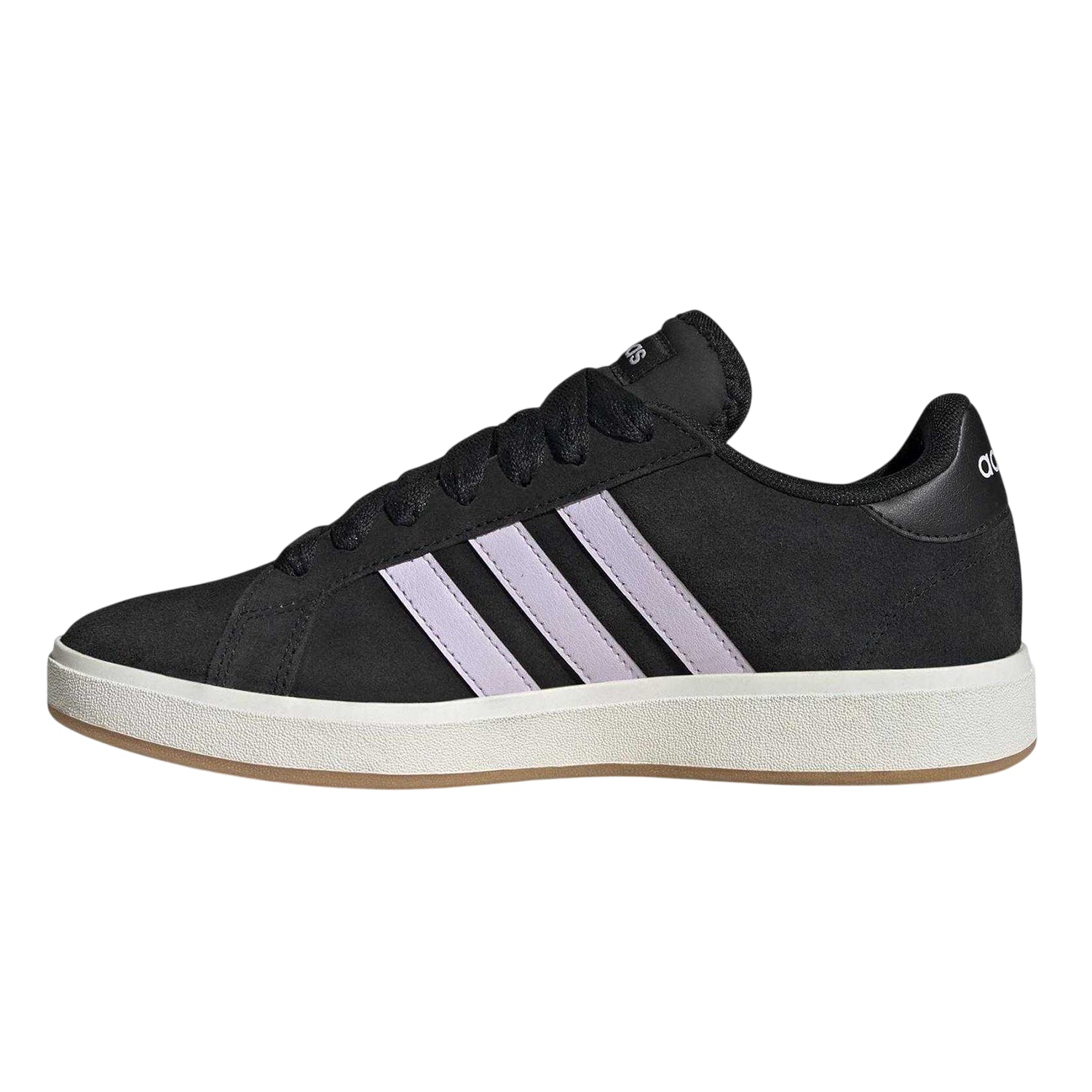 Black-White - Side - Adidas Womens-Ladies Court Base 00s 3 Stripes Suede Trainers